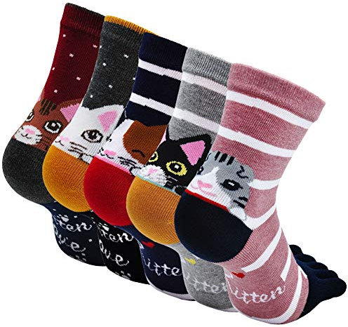 LOFIR Chaussettes Fantaisie Doigts de Pied Femmes Chat Chien, Motif à Animaux Mignon Drôle, avec Orteils Filles en Coton, Taille 35-41, 5 paires