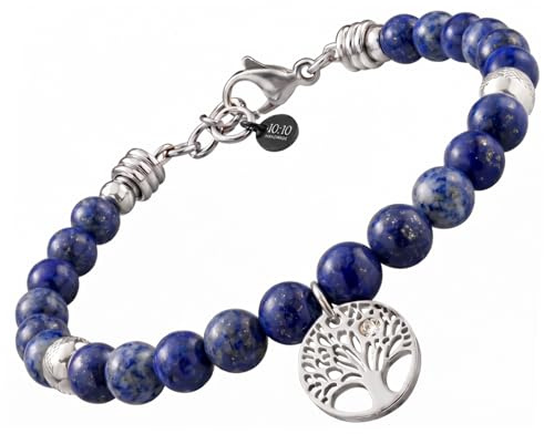 10:10 Bracelet en Acier Inoxydable et Pierres Naturelles de 6 mm, Breloques Arbre de Vie et Perles en Acier, Produit fabriqué en Italie
