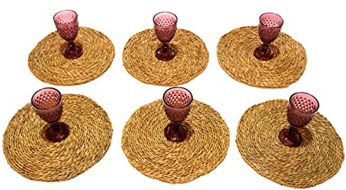 Solycarpa Pack 6 Salvamanteles Mimbre + 6 Copas Rosa/Púrpura a Elegir de Cristal. Modelo Transparente Personalizado para Fiesta, Boda o Bautizo Original y Resistente.