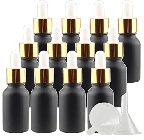 ZEOABSY 24 Pièce 15ml Bouteille Noir mat Vide Avec Compte Gouttes Pipette Or Bague Bouteille pour les huiles essentielles, Parfum,aromathérapie,4x entonnoir