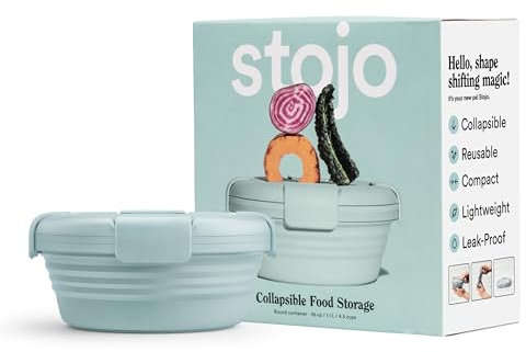STOJO Faltbare Schüssel – Aquamarin, 1020 ml – wiederverwendbare Silikonschüssel für heiße und kalte Speisen – perfekt für Reisen, Mahlzeiten, Mittagessen, Camping und Wandern – mikrowellen- und