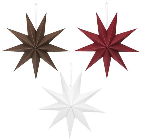 3 Stück Faltstern Weihnachten, 30cm Braun Papiersterne zum Aufhängen, 9 zackig Rot Papier Faltsterne, Weiß Papiersterne Tischdeko für Weihnachts Advent Hochzeit Geburtstag Fenster Neujahrsfest