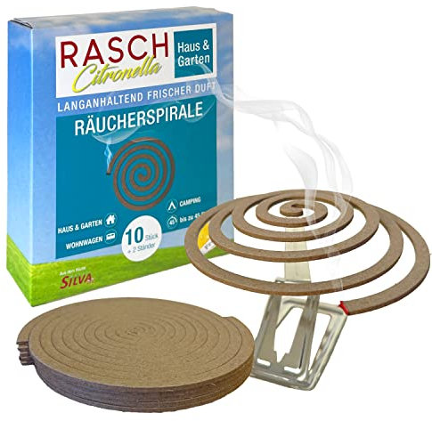 RASCH® Citronella Räucherspiralen Set [INKL Halter + STÄNDER] - Spirale Draußen, Garten, Balkon & Terrasse - Rauchspirale mit natürlichem Zitronen Aroma - 4h Brenndauer pro Räucherspirale (10 STK.)