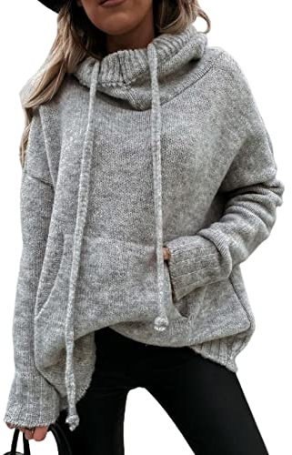 Aleumdr Hoodie Pullover Damen Oversize Strickpullover Damen Elegant Kapuzenpullover Herbst Strickpulli mit Kapuze Rollkragenpullover Sweatshirts Langarm Winterpullover,Grau L