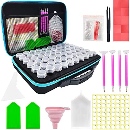 Diamant Painting Aufbewahrungsbox, 60 Fächer Kunststoff Dosen Zubehör Boxen, Stickerei Sortierbox, mit Stift, Koffer, Trichter, Pinzette Usw, Für Nägel, Strass, Perlen, DIY Handwerk (32 x 22 x 7,4cm)