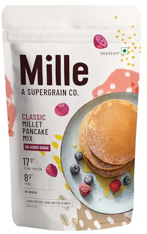 Mille No Sugar Classic 17g Plant Protein Pancake Mix | High Protein Breakfast | High Fibre | Vegan, Low Carb & Low Calorie | No Refined Flour, No Refined Sugar, Low GI Millet Grain | 250 grams