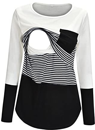 AMhomely UK Stock Clearance Maternity Round Neck Stripe Patchwork Long Sleeve Breast Feeding Pregnant Woman Nursing Blouse Tops T-Shirt, Black 1, M