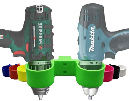 R-Satz Shop Akkuschrauber Wandhalterung passend für Bosch, Makita, Metabo, Ferrex, Parkside, Milwaukee, Einhell, Dewalt und weitere - Doppelhalter Wand (Grün)