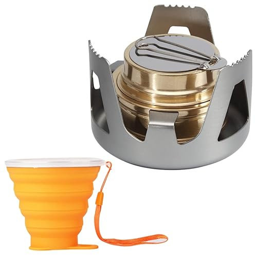 Réchaud de camping et tasse de voyage – Mini réchaud portable Tasse à café de voyage – Réchaud de camping/randonnée/randonnée anti-déversement – Réchaud à alcool en acier inoxydable