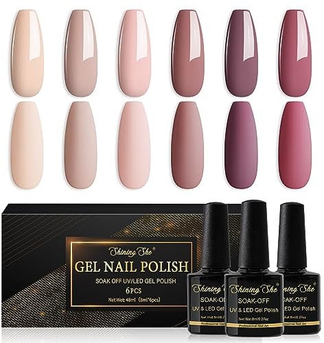 Shining She Nude Gel Nail Polish Set, 6 Neutral Nude Pink Brown Colours, Soak-Off UV/LED Nail Polish for Starter Nail Art Salon DIY Home, 8ML