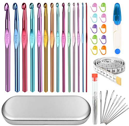 Aeelike 14 Stück Aluminium Häkelnadel Set, Ergonomische Bunt Häkelnadeln Set mit Häkel Werkzeuge Zubehör und Silber Metall Aufbewahrungsbox, Praktische Crochet Hook für Anfänger, Erwachsene, Kinder