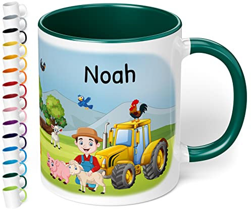 Tasse mit Namen für Kinder „Bauernhof“ – Kindertasse für Jungen & Mädchen personalisiert – Keramiktasse mit Bauernhoftieren & Traktor Kinderbecher – Geschenk zum Kindergartenstart (Dunkelgrün)