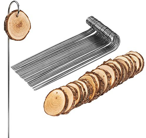 Ideen mit Herz 25 Metall-Pflanzenstecker (20 cm hoch, Ø 2 mm) | 25 Holzscheiben (Ø 4 cm bis 5 cm, 6mm stark) | Individuelles Beschriften von Pflanzen, Kräutern & Blumen | 50-teilig