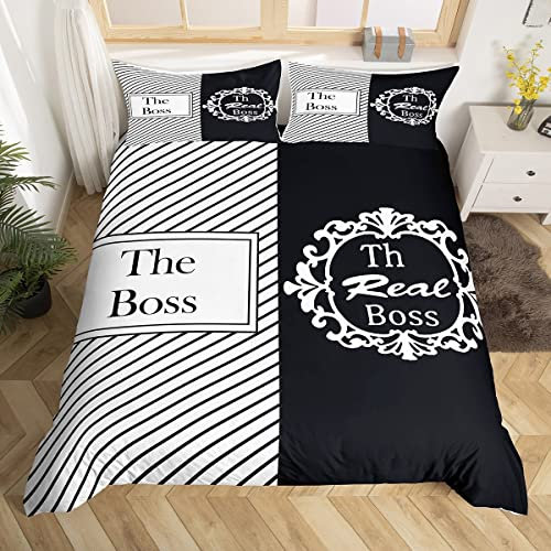 Loussiesd Mr und Mrs Bettwäsche Set 220x240cm Schwarz und Weiß Couples Gedruckt Betten Set Romantisch Valentines Bettbezug Set Couple Bettdeckenbezug Mit 2 Kissenbezug