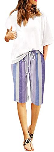 Kurze Hosen Damen Sommer Bermuda Shorts Elastische Tunnelzug Baumwolle Leinen Shorts Hotpants Kurze Sommerhose Knielang Schlafshorts Freizeithose Strandhose mit Taschen