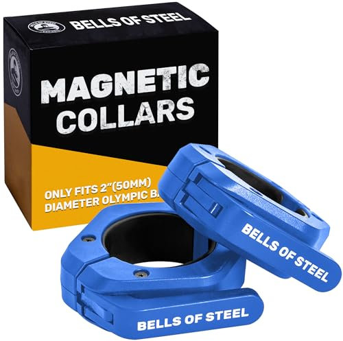 Magnetic Barbell Collars [Bells of Steel] Premium Weight Bar Clamps, Quick Release Barbell Clips, Olympic Barbell Clamps, High Strength Nylon Gym Clips, Pair, Blue