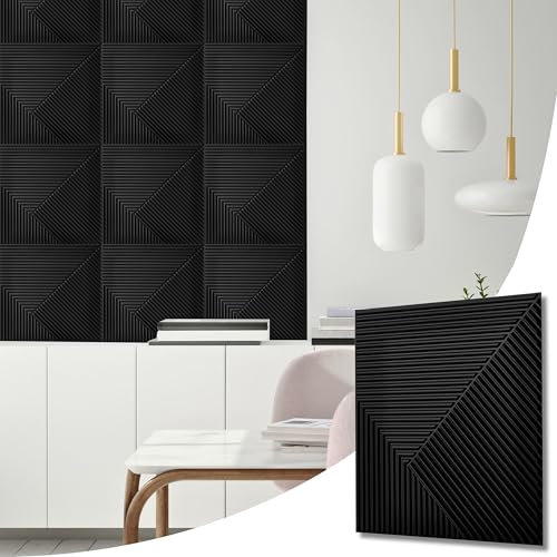 NOVECRAFTO Chevron Line Effect 3D Wall Panels - 18 Sheets Covering 4.5 sqm | 48.44 sqf Interior Cladding Panels Set | 3D Wall Tiles Chevron Line Design in Matte Black - Each Panel Size 19.6 x 19.6