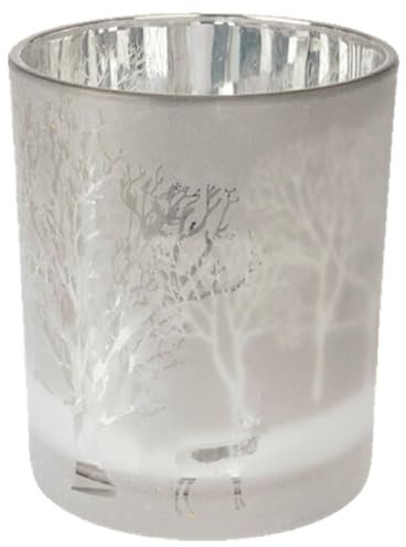 ZauberDeko Teelichthalter Groß Weihnachten Hirsch Wald Weiß Grau Taupe Kerzenglas 12,5 cm, Farbe:Creme