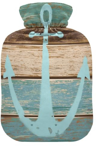 HMZXZ Hot Water Bottle with Cover,Ocean Wooden Anchor 2L PVC Themed Capacity Hot Water Bag for Pain Relief, Feet, Menstrual Cramps