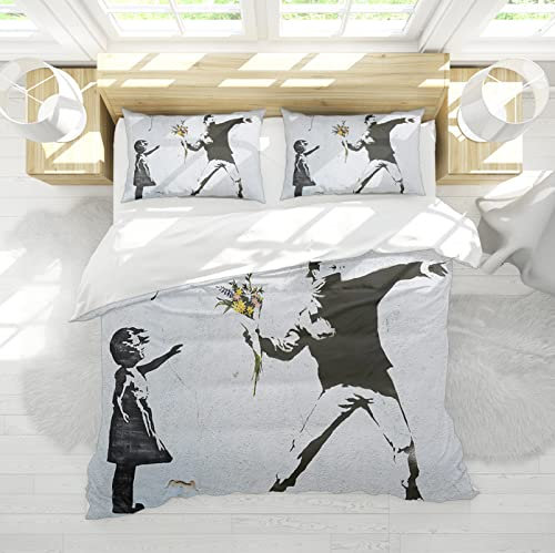 CIHCOHOME Banksy Graffiti Bettbezug Ballonmädchen und Wurf Blumenjunge Bettwäsche-Sets 3-teilig für Männer Frauen Schlafzimmer Dekor mit 2 Kissenbezügen 260x240cm
