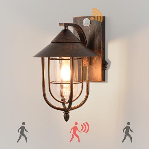 Pageone Industrial Aussenlampe mit Bewegungsmelder 3 Beleuchtungsmodi, Glas Lampe mit Bewegungsmelder Aussen Vintage Wasserdichtes Außenlampe für Veranda Terrasse （Schwarz Gold）