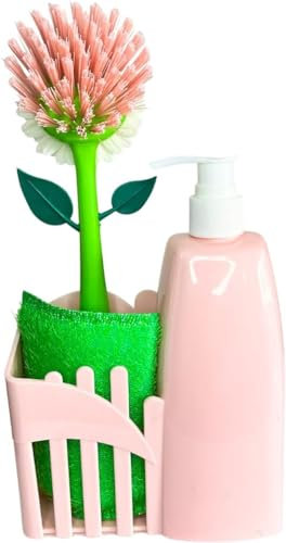 Dispenser Sapone + Spazzola Lavapiatti a Forma di Margherita e Spugnetta - In Confezione (rosa)