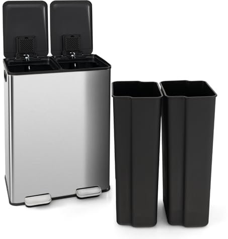 GOPLUS Abfalleimer Edelstahl, 2x30L Mülleimer geruchsdicht aus Edelstahl mit Deckel, Griffe & Desodorierungsfach, Müllbehälter für Küche, Büro & Wohnzimmer, Silber