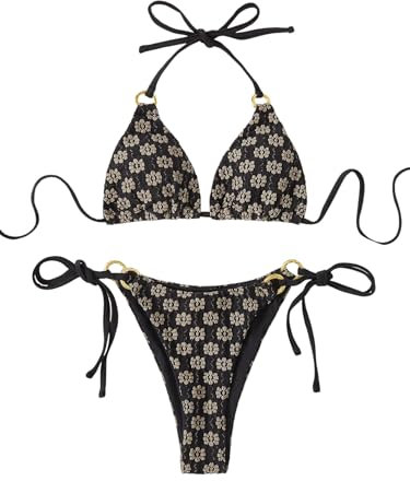 GORGLITTER Neckholder Bikini Set Damen Zweiteiliger Badeanzug mit Blumenmuster Triangel Bademode Swimmsuit Set mit Ring Schwarz M
