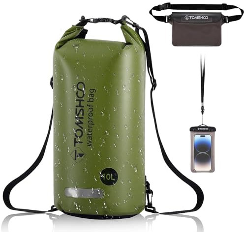 TOMSHOO Dry Bag Set, 10L/20L Wasserdicht Rucksack mit Wasserfester Handytasche & Tasche, Verstellbarer Schultergurt, Waterproof Backpack für Kajak Fahren, Wandern, Camping, mehr, 20L, Grün