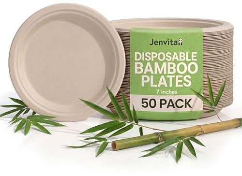 ibambo 50 Pack Disposable Bamboo Paper Plates (7 inch) - Sturdy & Heavy Duty Plates | PFAS Free, Biodegradable & Compostable Plates | Microwave Safe, Ecofriendly Alternative to Paper & Plastic Plates