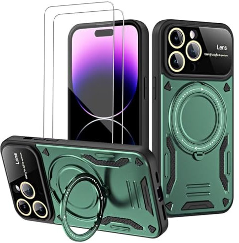 GoodcAcy Funda para Infinix Hot 40 Pro 4G Armor Carcasa Cubierta de cámara Deslizante Proteger con 2 Pack Cristal Templado Protector, con 360 Anillo Soporte PC y Silicona TPU Case, Verde