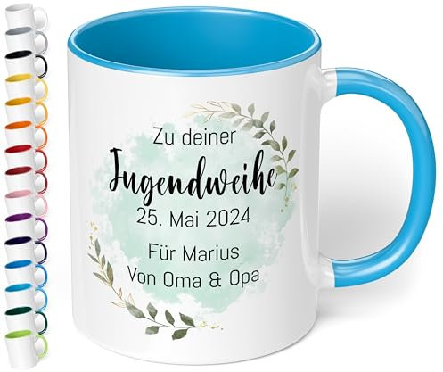 Geschenk zur Jugendweihe Konfirmation für Mädchen & Jungen: Tasse personalisiert „Zu deiner WUNSCHTEXT“ – Blätter-Motiv – Keramik 330ml Kommunion Firmung Taufe (Hellblau)