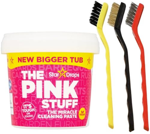 Pink Miracle Cleaning Paste 850g bundled with Three Stainless Steel Wire Cleaning Brushes with Long Handles. Ideal for burnt stuff, on stubborn stains in Kitchen, Hob, Oven, Bathroom, BBQ.