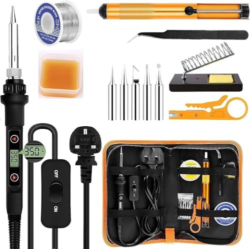 Soldering Iron Kit - 80W Fast Ceramic Heating Soldering Gun LED Digital Advanced Solder Iron 13 in 1 ON/Off swith Welding Tool Soldering Gun kit Temperature Adjustable LCD Display [110 V, UK Plug]