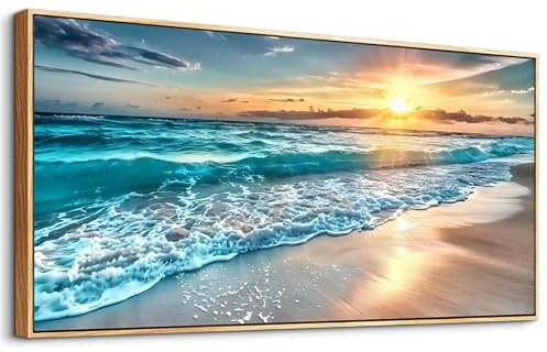 MHARTK66 Sonnenaufgang am Meer Leinwand Bilder Mit Rahmen Holz, 50x100 cm Groß Wandbilder Wohnzimmer Natur Landschaft Bild Aesthetic, Modern Wanddeko Kunstdruck Schlafzimmer Badezimmer Büro Esszimmer