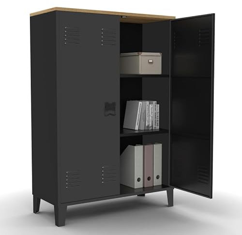 IDMarket - Armario bajo ESTER 2 puertas metal negro y bandeja madera diseño industrial