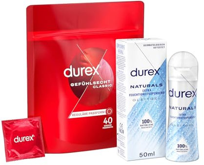Durex Gefühlsecht Classic Kondome – Dünne Kondome mit anatomischer Easy-On-Form & mit Silikongleitgel befeuchtet – 40er Pack + Gratis Durex Naturals Extra Feuchtigkeitsspendend Gleitgel 50ml