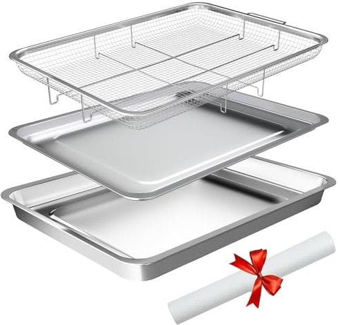 Bakpoco Luftfritteusenkorb und Tablett für den Ofen, Edelstahl Air Fryer Korb mit tiefer Pfanne, 4-teiliges Ofen-Luftfritteusen-Pfannen-Set mit Pergamentpapier zum Kochen, Backen, Grillen, eingelegt