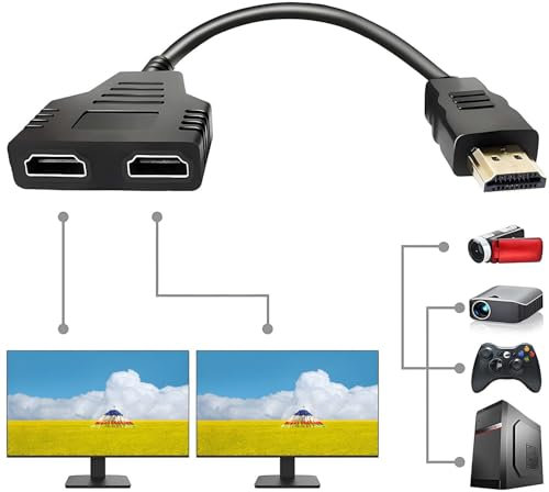 Azuxreza HDMI Splitter Adapter,1080P HDMI Stecker auf Dual HDMI Buchse,1 auf 2 Wege HDMI Splitter Adapterkabel für HDTV HD, LED, LCD Monitor und Projektoren, unterstützt Zwei Fernseher gleichzeitig