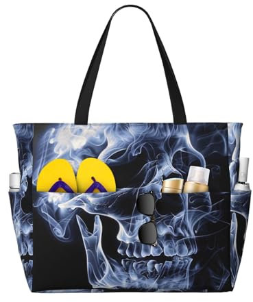 KCGSDEGV Totenkopf-bedruckte Strandtasche für Damen, wasserdichte Handtaschen, Schultertaschen mit Reißverschluss und Tasche für Reisen, Schule, Arbeit, Einkaufen, Schwarz , Einheitsgröße