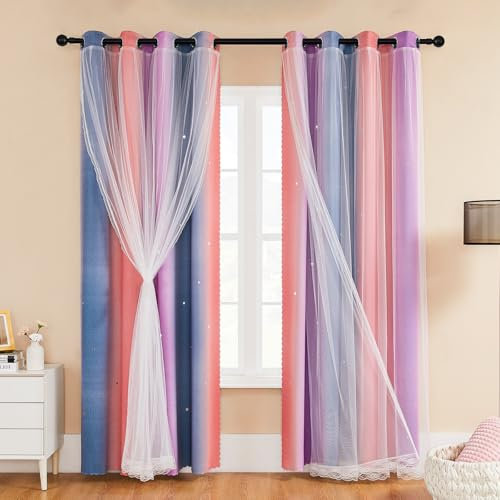 XiDi Thermische Verdunkelungsvorhänge mit Öse für Wohnzimmer Regenbogen Wanddekorationen Vorhänge Kinderzimmer Doppelschicht mit Netz Grau Rosa Lila 86×183cm