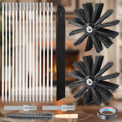 Kaminbürste Stange Set, Kaminbesen Kanalentlüftungs Reinigungsset, Schornstein Reinigungsbürsten Kit für Kamin/Abwasserrohr/Trockner Vent(15 Flexible Stangen 41cm+ 2 Bürstenköpfen 20cm+ Zubehör)