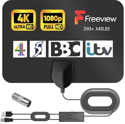 Antenna TV Interna, Antenna Da Camera DVB-T2 Con Amplificatore, Antenna TV Digitale, Antenna DVB-T2, Segnale Migliorato, Cavo Coassiale Da 5 M, Supporta 4K 1080p, Canali Gratuiti Per Canali TV Locali