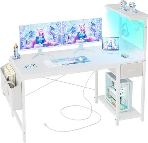 BEXEVUE Gaming Desk with Power Outlet and LED Light,120 cmComputer Desk with Reversible Shelves and Storage Drawer, Small Desk for Home Office Table with Bag, White