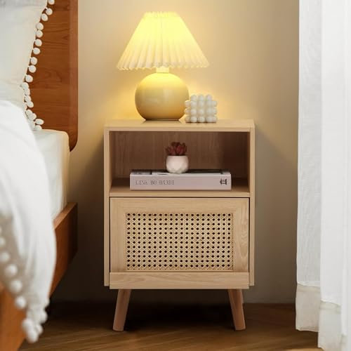 UEV Lot de 2 Tables de Chevet en Rotin, Dessin en Rotin Naturel, Conception de Porte Cachée, Compartiment Ouvert, 4 Pieds en Bois, avec Rangement pour Chambre à coucher, Salon, 40 x 30 x 60 cm,Naturel