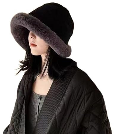 Nvzi Verdickter Damenhut für den Winter, warm, einfarbig, faltbar, weiches Kunstfell, Schwarz