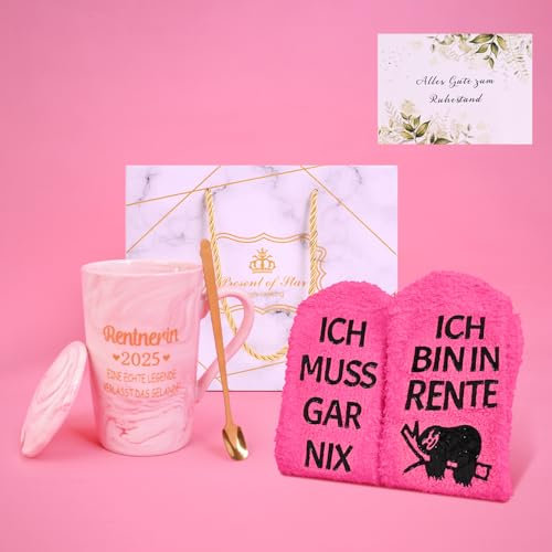 Kidsicher Ruhestand Geschenke für frauen 2025 renteneintritt geschenk, Geschenke Set Tasse und Socken mit Geschenkbox und Grußkarte