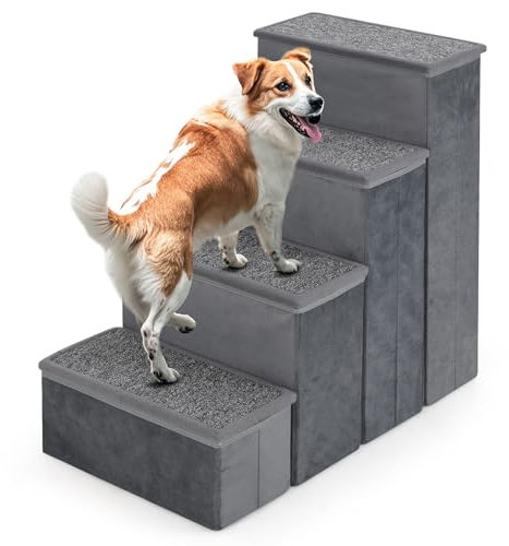 COSTWAY Hundetreppe 4 Stufen Faltbar, Haustiertreppe mit Stauraum, für kleine große ältere Hunde bis 50 kg, rutschfeste Hunderampe für Bett Sofa Couch Auto, Katzentreppe (38 x 65 x 58 cm,Grau)