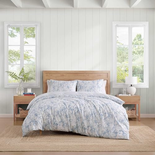 Tommy Hilfiger Bettwäsche-Set, luxuriös weiche Baumwoll-Slub-Bettwäsche mit passenden Kissenbezügen, abstraktes Design (ätherisches Blumenblau, King-Size)