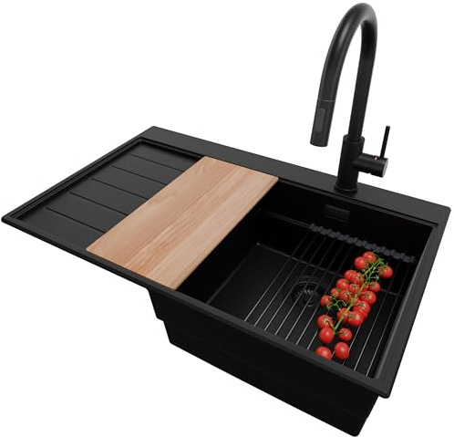 PRIMAGRAN Granitspüle ab 45er Unterschrank + Küchenarmatur, 78x50cm | Set: Küchenarmatur BW9010 + Ablauf-Set (Siphon, Ablaufgarnitur, Überlauf) + Spülbecken 1 Becken - Sydney Ergo, Alles Schwarz